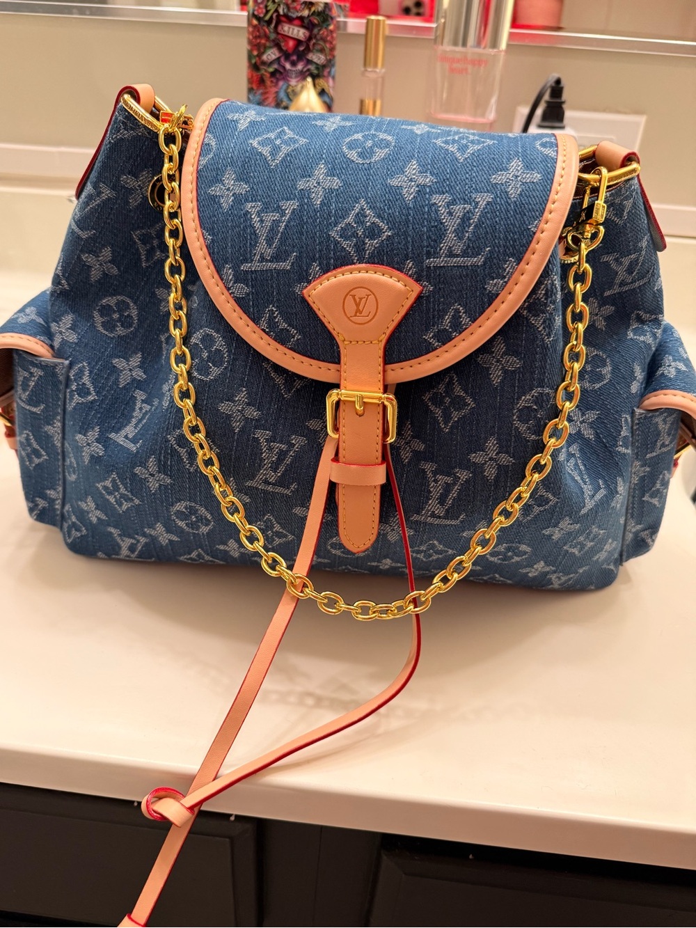 Blue Denim Monogram Bag with Gold Chain